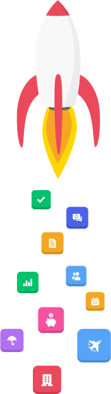 a rocket with several different colored icons