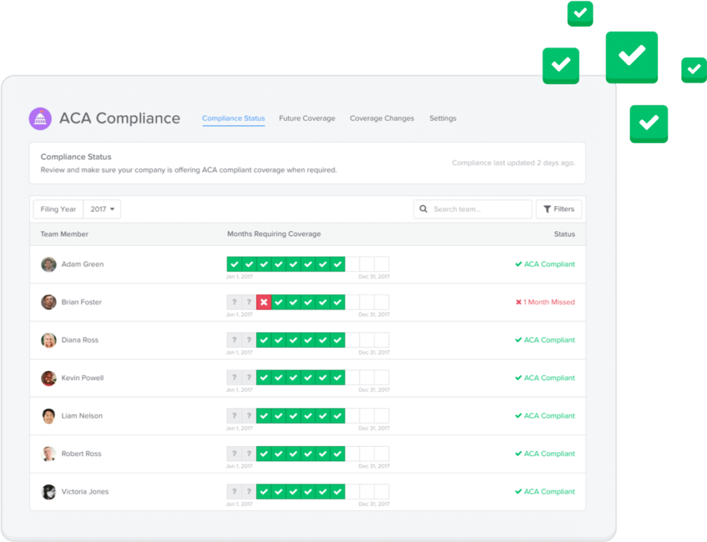 Our platform syncs directly with insurance carriers, holds payroll in lockstep, and keeps the company compliant &ndash; from ACA to integrated COBRA support when an employee departs. GoCo is the hassle-free solution to avoid potentially costly mistakes.