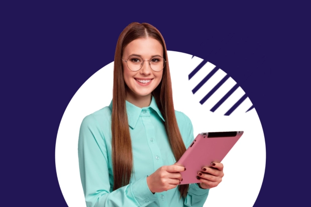 a woman holding a tablet and smiling