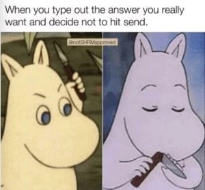 a cartoon character with a knife and a capt that reads when you type the answer