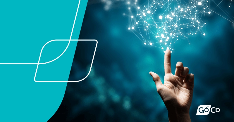 a hand touching a cloud with a blue background