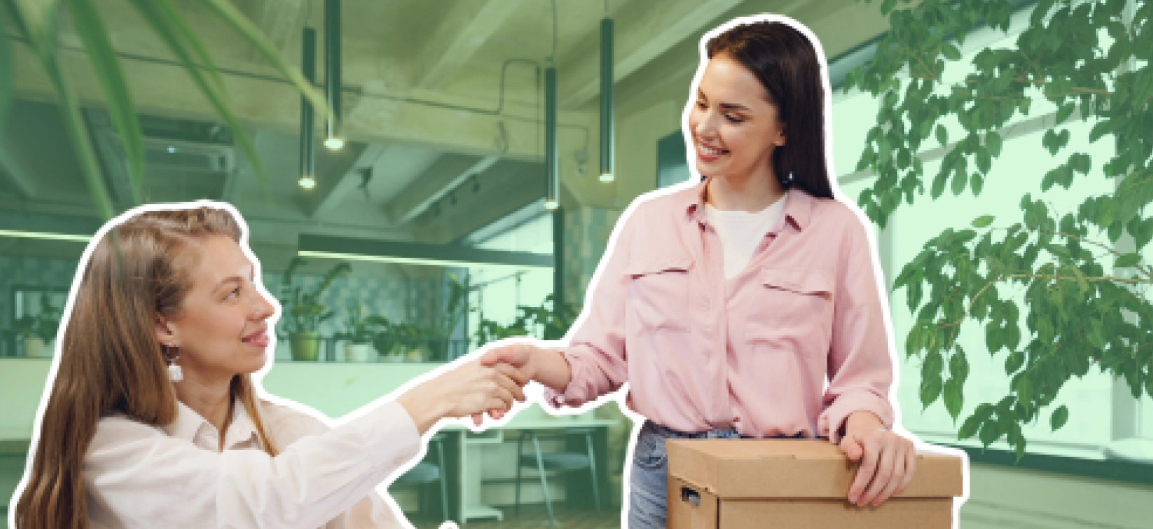 a woman handing a box to another woman