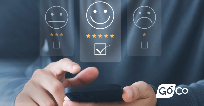 a person holding a smart phone with a rating rating